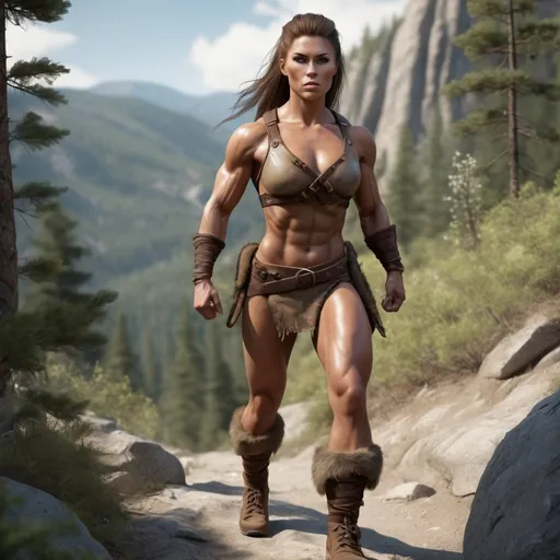 Prompt: Hyperrealistic, photorealistic, Barbarian female, fit and muscled physique, 34C-25-33, Full Body shot, coming down a mountain trail, Rocky terrain, high quality, realistic lighting, detailed muscles, earth tones, lifelike, realistic, forest setting