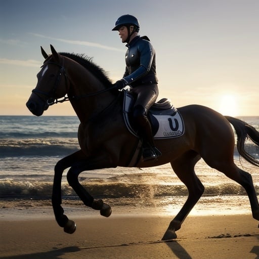 Prompt: Hyper realistic full body rendering of Lucien Gearalt Tomás riding a chestnut thoroughbred, on a beach. photorealistic, sharp, highly detailed, Golden Hour beach setting, detailed facial features, realistic skin texture and tones, high quality, 4k resolution, photorealism, beach landscape, detailed rendering, crisp, full-body shot, realistic lighting