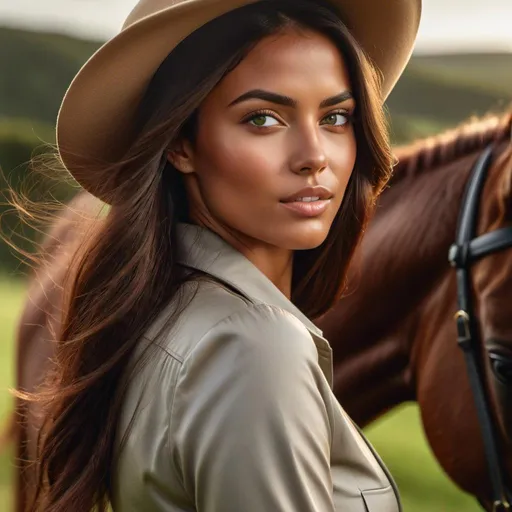 Prompt: <mymodel> Hyper realistic full-body, close enough to see details rendering of Rolande Olivia Doherty riding a dark chestnut thoroughbred, across a verdant field in casual attire, no hat. photorealistic, sharp, highly detailed, Golden Hour beach setting, detailed facial features, realistic skin texture and tones, high quality, 4k resolution, photorealism, beach landscape, detailed rendering, crisp, full-body shot, realistic lighting