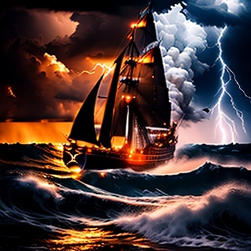 Prompt: Photorealistic, hyper realistic, deep stormy night at sea, schooner battling through the waves, lightning flashes, dramatic sky with dark clouds, ominous clouds, high seas, intense waves, powerful wind, detailed vessel, dramatic lighting, high quality, realistic, stormy, dramatic, dynamic composition, dark tones, atmospheric lighting