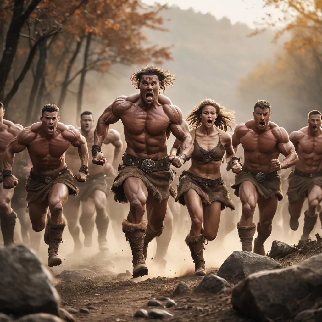 Prompt: A horde of Fit and muscled male and female barbarians clad only in breechclouts, running into battle on rocky terrain, full body shot, realistic lighting in golden hour, earth tones, forest setting, high quality, lifelike, action-packed, intense, dynamic poses, dramatic lighting, detailed muscle definition, rugged terrain, fierce expressions, forest landscape