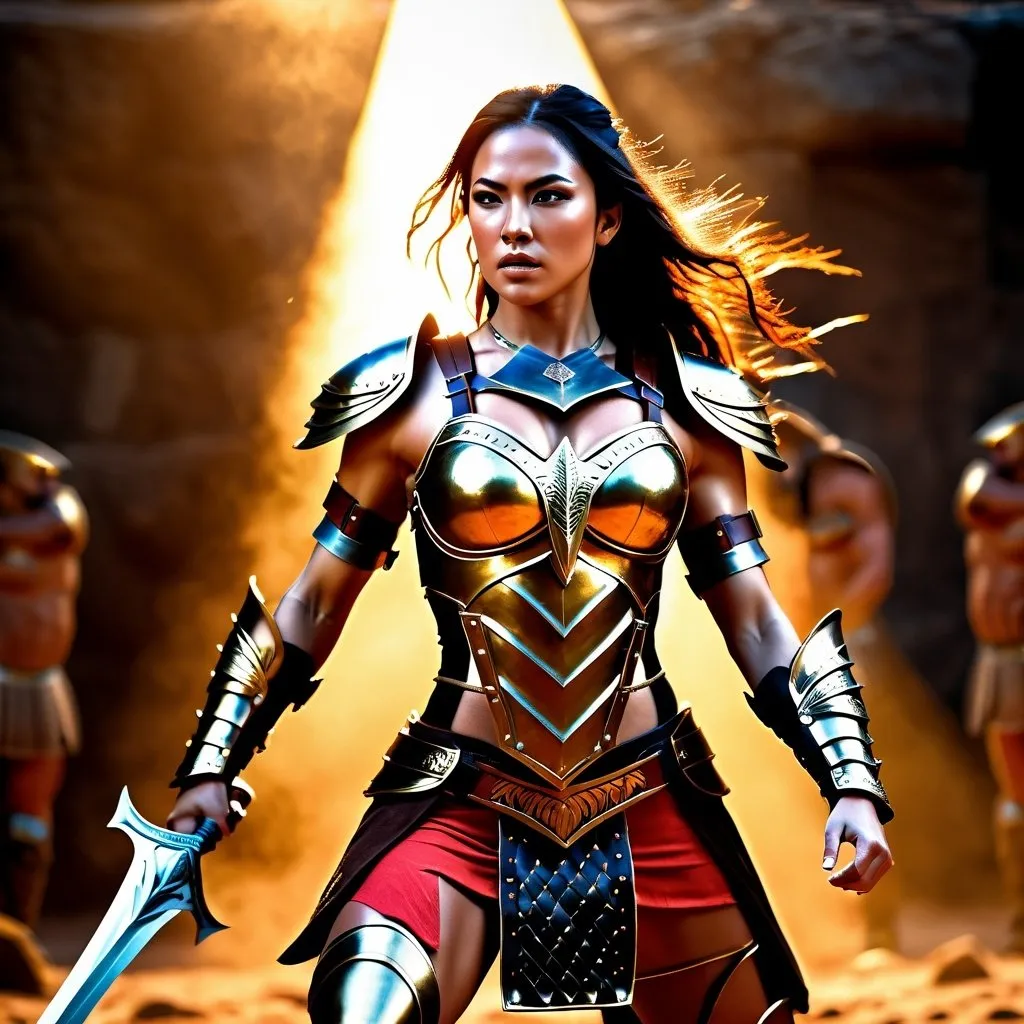 Prompt: hyper-realistic, Photorealistic, 4k, 3D, fierce female Amazon warriors, arena battle, intense battle scene, Breastplate armor, short leather loincloths, heavily muscled, full body shot, realistic, intense action, muscular physique, detailed features, detailed armor and weapons, high quality, realistic, historical art, earthy tones, dramatic lighting, dramatic shadows, epic battle, high quality, intense, earthy tones,  golden hour lighting, natural lighting, realism

