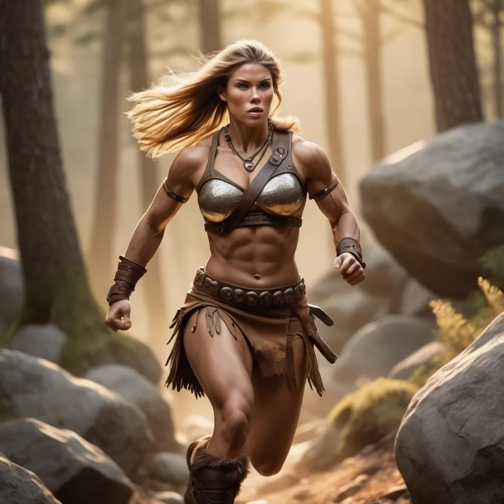 Prompt: Hyperrealistic, photorealistic, several -breasted Barbarian females, fit and muscled physique, Full Body shot running into battle, Rocky terrain, high quality, Golden Hour realistic lighting, earth tones, lifelike, realistic, forest setting