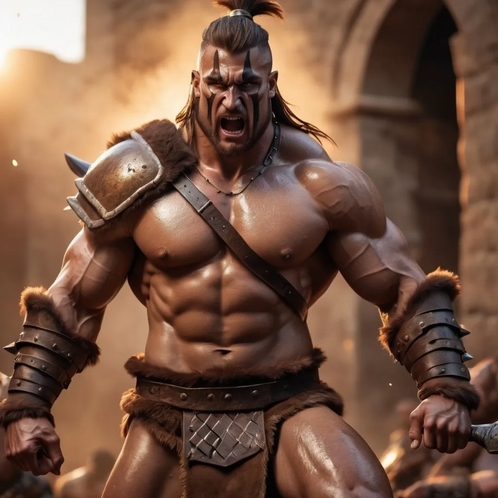 Prompt: hyper-realistic, Photorealistic, 4k, 3D barbarian warriors, 34C-25-33, arena battle, intense battle scene, Close fitting leather armor, short leather loincloths, heavily muscled, full body shot, realistic, intense action, muscular physique, detailed features, detailed armor and weapons, high quality, realistic, historical art, warm, earthy tones, dramatic lighting, dramatic shadows, epic battle, high quality, intense, earthy tones, Golden Hour Dawn lighting, natural lighting, realism
