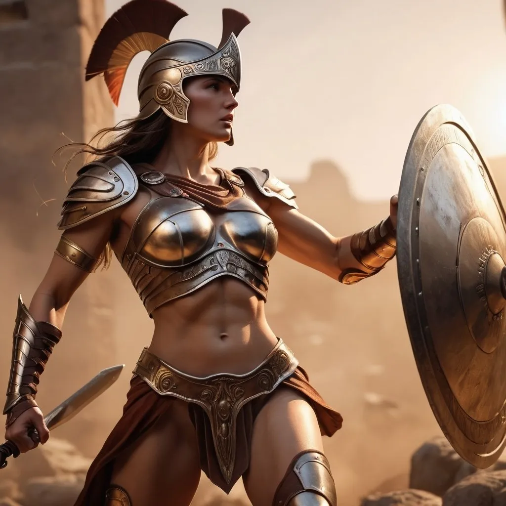 Prompt: hyper-realistic, Photorealistic, 4k, 3D, Athena, goddess of war, 34C-25-33, arena battle, intense battle scene, Close fitting leather armor, short leather loincloths, heavily muscled, full body shot, realistic, intense action, muscular physique, detailed features, detailed armor and weapons, high quality, realistic, historical art, warm, earthy tones, dramatic lighting, dramatic shadows, epic battle, high quality, intense, earthy tones, Golden Hour Dawn lighting, natural lighting, realism
