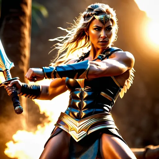 Prompt: hyper-realistic, Photorealistic, 4k, fierce female Amazon warriors, arena battle, stripped to the waist, short leather loincloths, heavily muscled, full body shot, golden hour lighting, realistic, intense action, muscular physique, detailed features, dramatic shadows, epic battle, high quality, intense, natural lighting