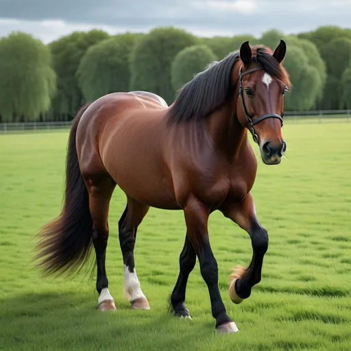 Prompt: Hyperrealistic, photorealistic, full body shot, dark chestnut horse walking in a paddock, lush green grass, detailed fur with realistic texture, intense and focused gaze, best quality, 4k, ultra-detailed, realistic, natural lighting, detailed eyes, professional, atmospheric setting