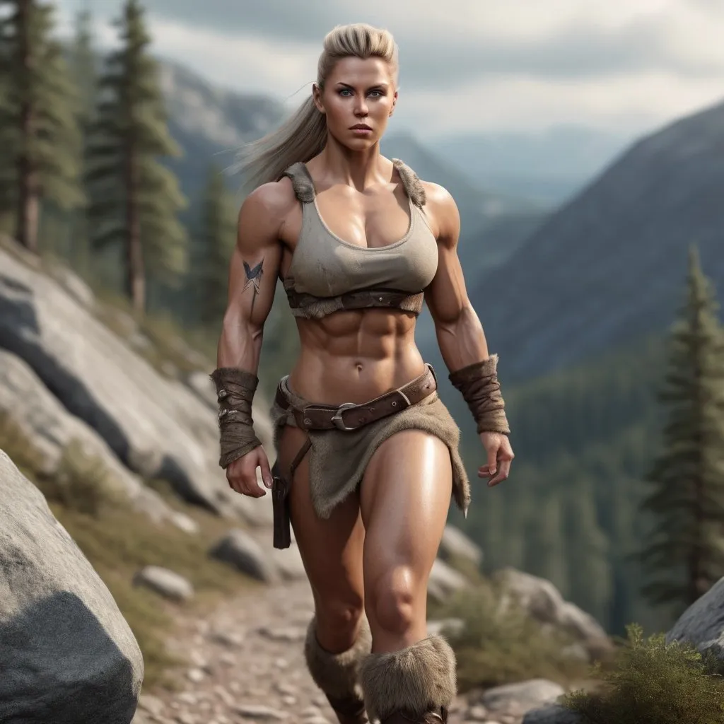 Prompt: Hyperrealistic, photorealistic, Nordic Barbarian female, fit and muscled physique, 34C-25-33, Full Body shot, coming down a mountain trail, Rocky terrain, high quality, realistic lighting, detailed muscles, earth tones, lifelike, realistic, forest setting