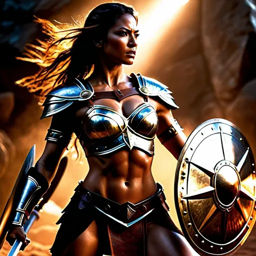 Prompt: hyper-realistic, Photorealistic, 4k, 3D, fierce female Amazon warriors, arena battle, intense battle scene, Breastplate armor, short leather loincloths, heavily muscled, full body shot, realistic, intense action, muscular physique, detailed features, detailed armor and weapons, high quality, realistic, historical art, warm, earthy tones, dramatic lighting, dramatic shadows, epic battle, high quality, intense, earthy tones, mid-afternoon lighting, natural lighting, realism

