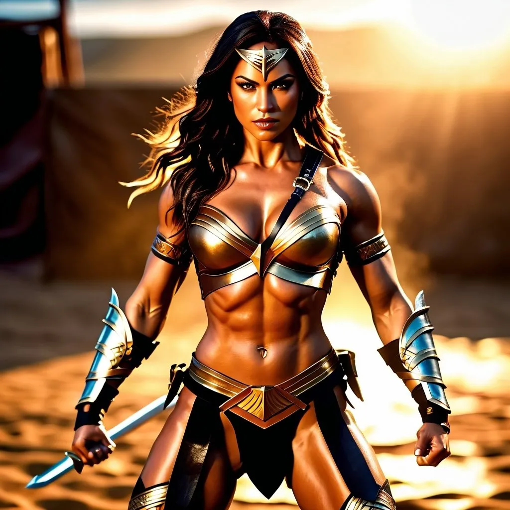 Prompt: hyper-realistic, Photorealistic, 4k, fierce female Amazon warriors, arena battle, stripped to the waist, short leather loincloths, heavily muscled, full body shot, golden hour lighting, realistic, intense action, muscular physique, detailed features, dramatic shadows, epic battle, high quality, intense, natural lighting