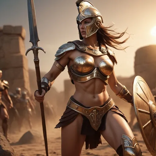 Prompt: hyper-realistic, Photorealistic, 4k, 3D, Athena, goddess of war, 34C-25-33, arena battle, intense battle scene, Close fitting leather armor, short leather loincloths, heavily muscled, full body shot, realistic, intense action, muscular physique, detailed features, detailed armor and weapons, high quality, realistic, historical art, warm, earthy tones, dramatic lighting, dramatic shadows, epic battle, high quality, intense, earthy tones, Golden Hour Dawn lighting, natural lighting, realism
