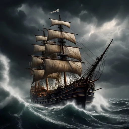 Prompt: Photorealistic, hyperrealistic, Rembrandt van Rijn style, ship battling storm at sea, dark and gloomy atmosphere, turbulent waves, dramatic lighting, detailed ship structure, realistic sea spray, intense struggle, high quality, stormy seas, realistic ship, dramatic lighting, detailed waves, gloomy ambiance