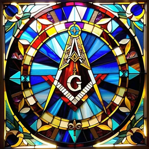 Prompt: Stunning stained glass mosaic of Masonic Square and Compasses, vibrant and colorful, intricate details, high quality, mosaic art, vibrant colors, radiant lighting, detailed design, symbol G in the center, traditional craftsmanship, timeless art, beautiful craftsmanship, intricate patterns, professional finish