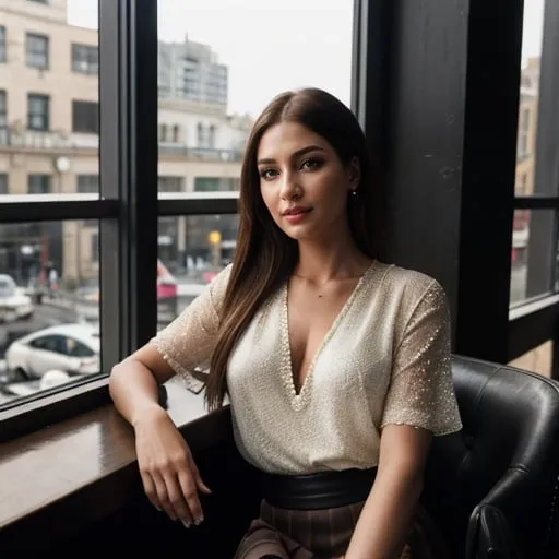 Prompt: Hyper realistic, photorealistic, highly detailed, woman, lowcut blouse, short skirt, sitting by a window in a coffee shop, busy city outside, detailed facial features, realistic lighting, professional art, urban setting, cityscape, best quality, 4k, detailed clothing, realistic textures, modern city, professional artist, atmospheric lighting
