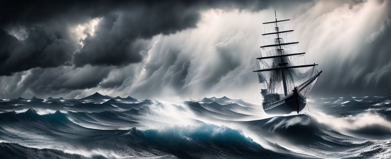 Prompt: Photorealistic, hyper realistic, sailing ship in bad storm, turbulent waves, dramatic clouds, detailed ship structure, intense lighting, high quality, realistic details, stormy seas, realistic sky, dynamic composition