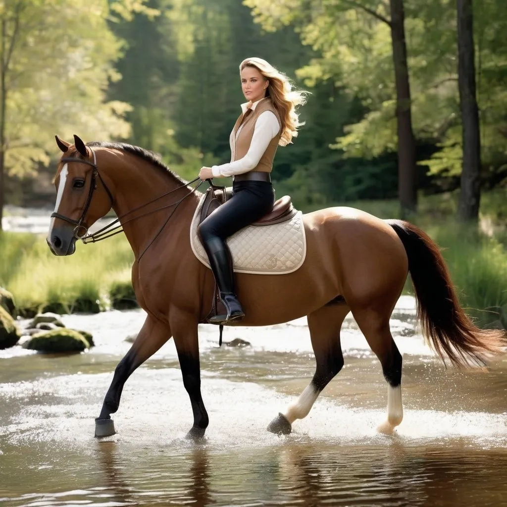 Prompt: Hyper realistic, photorealistic, extremely detailed. Full body shot but close enough so details can be clearly seen. Golden Time, 

 A woman riding a horse by a stream in a wooded clearing. Woman is athletically built, with auburn hair with volume. Face has Cote de Pablos' eyes (Green) Jeri Ryan's mouth (smiling) and the rest is similar to Emma Watson's face. Body is similar to Linda Carter's. She is wearing a black skintight leather crop top, beige riding pants and knee-high black riding boots. Horse is a large reddish-brown Chestnut thoroughbred with white socks and a white stripe on the nose.


