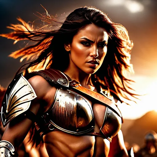 Prompt:  hyper-realistic, Photorealistic, 4k, 3D, fierce female Barbarian warriors, intense battle scene, leather breastplate armor, short leather loincloths, heavily muscled, full body shot, realistic, intense action, muscular physique, detailed features, detailed armor and weapons, high quality, realistic, historical art, warm, earthy tones, dramatic lighting, dramatic shadows, epic battle, high quality, intense, earthy tones, Golden Hour Dawn lighting, natural lighting, realism



