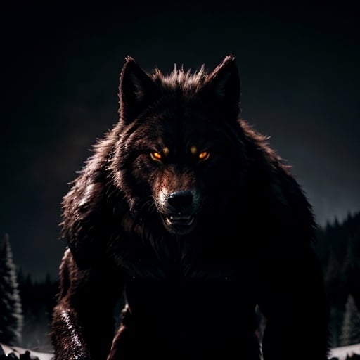 Prompt: Hyperrealism, darkened forest, snarling giant, heavily muscled, werewolf, on a hill, moon in background, dripping blood, menacing, front claws raised, photorealistic, detailed fur, intense gaze, Eyes glowing, horror, supernatural, highres, ultra-detailed, professional, atmospheric lighting, detailed glowing red eyes, sinister, medium tones, menacing atmosphere
