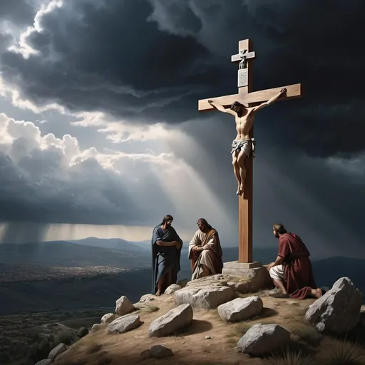 Prompt: Hyper realist, photorealistic, sharp details, very detailed, 30 C.E. Crucifixion scene of THREE men being crucified at the summit view from base of Golgotha, close view, intense realism, gathering storm clouds, historical, dramatic lighting, highres, detailed landscape, realistic textures, realistic atmosphere
