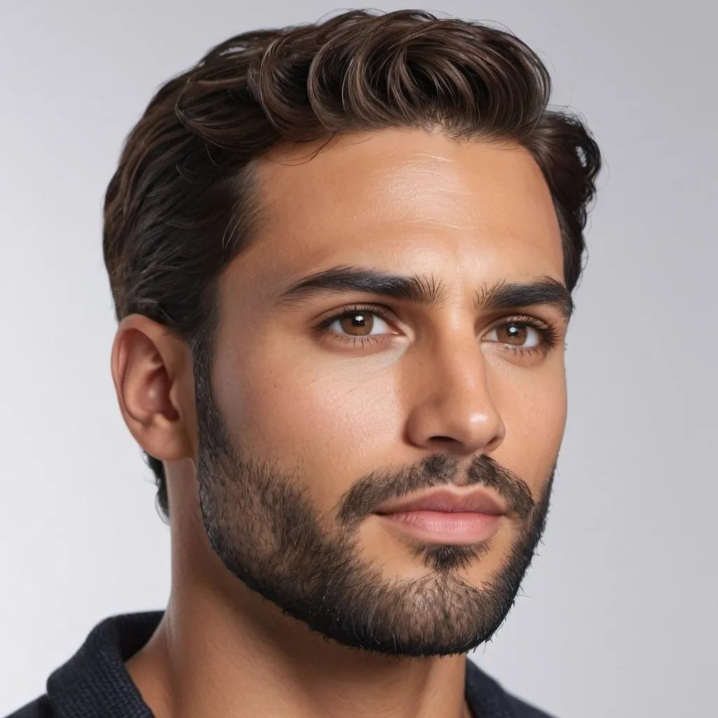 Prompt: side view Composite face of a 30-year-old man, hyper-realistic, photorealistic, Well-Defined Brow Ridge, deep-set hazel eyes, strong chiseled jawline and chin, short wavy hair, tapering at the back, with moderately full beard, high cheekbones, symmetrical, subtle contour nose, defined nostrils, defined lips, tanned complexion, high quality, photorealism, detailed features, realistic, symmetrical, hazel eyes, chiseled jawline, wavy hair, full beard, high cheekbones, detailed nose, photorealistic lighting