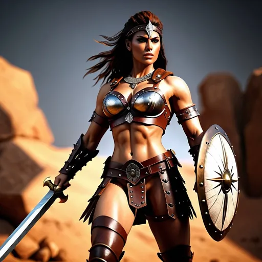 Prompt:  hyper-realistic, Photorealistic, 4k, 3D, fierce female Barbarian warriors, 34C-25-33 close fitting leather armor, short leather loincloths, heavily muscled, full body shot, realistic, intense action, muscular physique, detailed features, detailed armor and weapons, high quality, realistic, historical art, warm, earthy tones, dramatic lighting, dramatic shadows, epic battle, high quality, intense, earthy tones, Golden Hour Dawn lighting, natural lighting, realism



