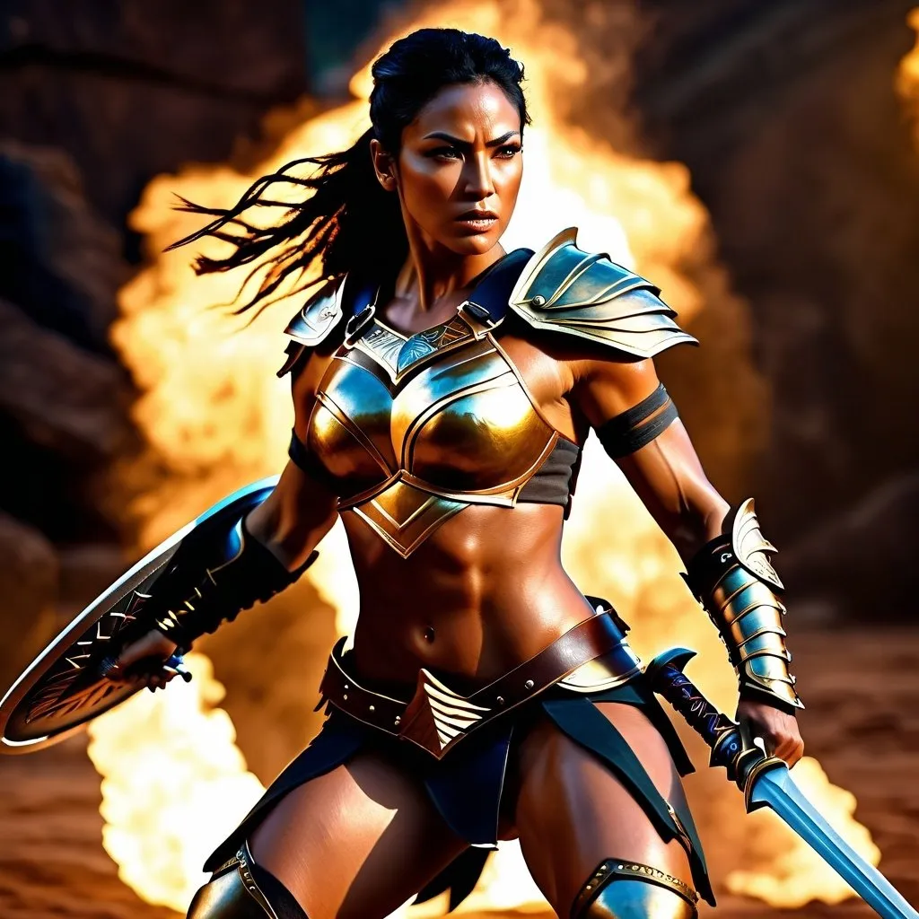 Prompt: hyper-realistic, Photorealistic, 4k, 3D, fierce female Amazon warriors, arena battle, intense battle scene, Breastplate armor, short leather loincloths, heavily muscled, full body shot, realistic, intense action, muscular physique, detailed features, detailed armor and weapons, high quality, realistic, historical art, warm, earthy tones, dramatic lighting, dramatic shadows, epic battle, high quality, intense, earthy tones,  golden hour lighting, natural lighting, realism

