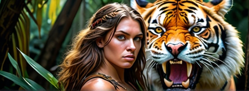 Prompt: Hyper realistic, photorealistic, color photograph, barbarian woman with a large tiger, intense gaze, detailed fur and muscles, lush jungle backdrop, sunlight filtering through dense foliage, high quality, detailed, intense colors, dramatic lighting, golden hour