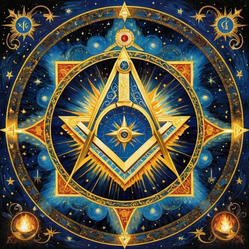 Prompt: Masonic Square and compasses ablaze, celestial Van Gogh cosmos, swirling colors, intricate details, otherworldly horror, detailed patterns, Bosch-inspired, planet Earth, cosmic fire, highres, detailed, horror, celestial, intricate, intense colors, Van Gogh, Masonic symbolism, professional, atmospheric lighting