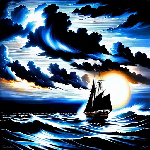 Prompt: stormy night at sea, schooner battling through the waves, lightning flashes, dramatic sky, ominous clouds, high seas, realistic oil painting, intense waves, powerful wind, detailed vessel, dramatic lighting, high quality, realistic, stormy, dramatic, dynamic composition, dark tones, atmospheric lighting