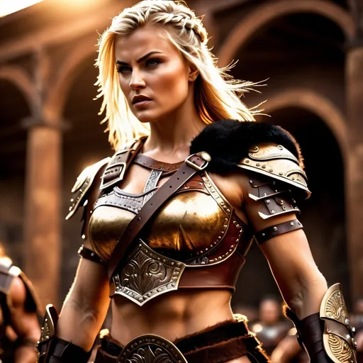 Prompt:  hyper-realistic, Photorealistic, 4k, 3D, fierce female Barbarian warriors, Leather Xena style leather armor, short leather loincloths, heavily muscled, full body shot, realistic, intense action, muscular physique, detailed features, detailed armor and weapons, high quality, realistic, historical art, warm, earthy tones, dramatic lighting, dramatic shadows, epic battle, high quality, intense, earthy tones, Golden Hour Dawn lighting, natural lighting, realism



