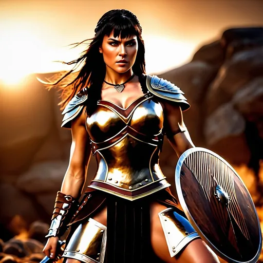 Prompt:  hyper-realistic, Photorealistic, 4k, 3D, fierce female Barbarian warriors, Xena-like armor, short leather loincloths, heavily muscled, full body shot, realistic, intense action, muscular physique, detailed features, detailed armor and weapons, high quality, realistic, historical art, warm, earthy tones, dramatic lighting, dramatic shadows, epic battle, high quality, intense, earthy tones, Golden Hour Dawn lighting, natural lighting, realism



