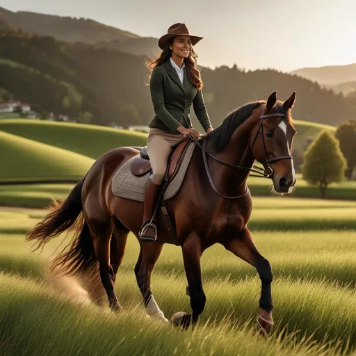 Prompt: <mymodel> Hyper realistic full-body, rendering of an athletically built 34-25-33, riding a dark chestnut thoroughbred, across a verdant field in casual attire, no hat. photorealistic, sharp, highly detailed, Golden Hour beach setting, detailed facial features, realistic skin texture and tones, high quality, 4k resolution, photorealism, beach landscape, detailed rendering, crisp, full-body shot, realistic lighting