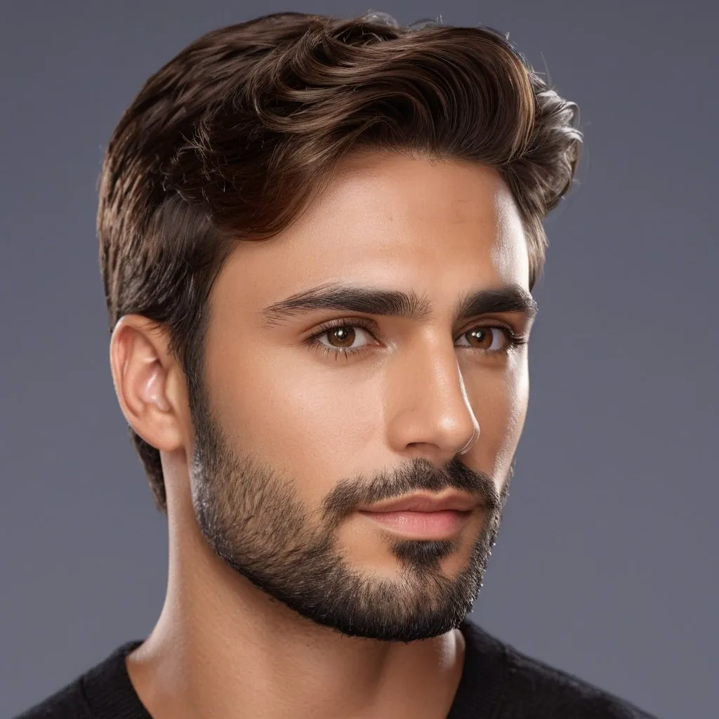 Prompt: side view Composite face of a 30-year-old man, hyper-realistic, photorealistic, Well-Defined Brow Ridge, deep-set hazel eyes, strong chiseled jawline and chin, short wavy hair with short full beard, high cheekbones, symmetrical, subtle contour nose, defined nostrils, defined lips, tanned complexion, high quality, photorealism, detailed features, realistic, symmetrical, hazel eyes, chiseled jawline, wavy hair, full beard, high cheekbones, detailed nose, photorealistic lighting