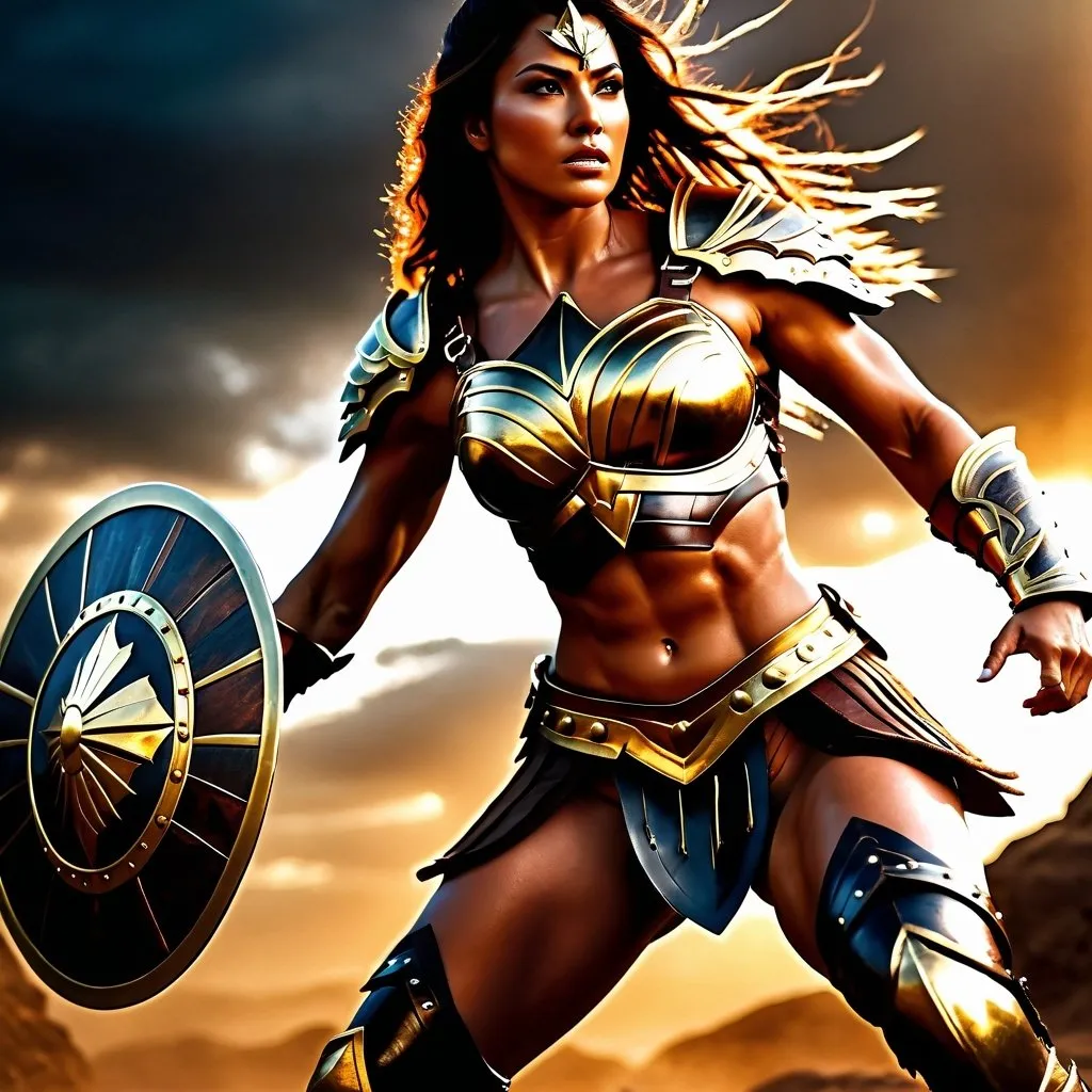 Prompt: hyper-realistic, Photorealistic, 4k, fierce female Amazon warriors, arena battle, intense battle scene, Breastplate armor, short leather loincloths, heavily muscled, full body shot, golden hour lighting, realistic, intense action, muscular physique, detailed features, detailed armor and weapons, dynamic action, dynamic action, high quality, realistic, historical art, earthy tones, dramatic lighting, dramatic shadows, epic battle, high quality, intense, earthy tones, natural lighting, realism

