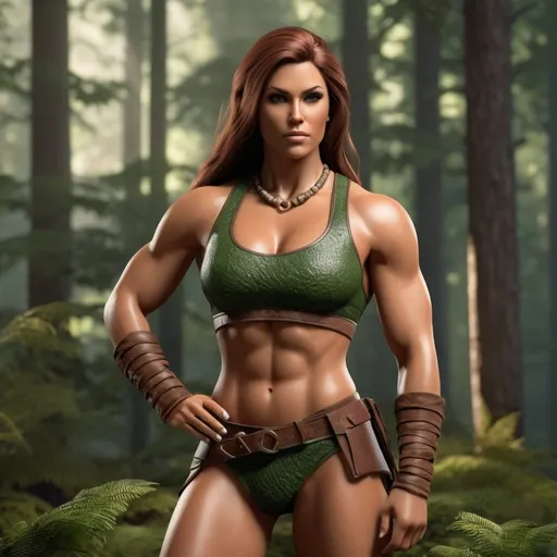 Prompt: Hyperrealistic, photorealistic, Barbarian female, fit and muscled physique, 32C-25-33, green forest, high quality, realistic lighting, detailed muscles, earth tones, lifelike, realistic, forest setting