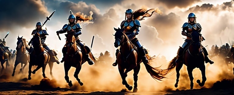 Prompt: Group of female Amazon warriors charging, bare-breasted, their queen in front, charging on horseback, intense battle scene, ancient warfare, detailed armor and weapons, dynamic action, high quality, realistic, historical art, Golden Hour at dawn, warm, earthy tones, dramatic lighting