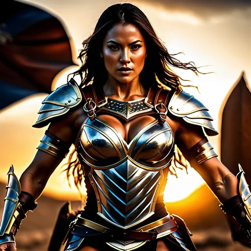 Prompt: hyper-realistic, Photorealistic, 4k, fierce female Amazon warriors, arena battle, intense battle scene, Breastplate armor, short leather loincloths, heavily muscled, full body shot, golden hour lighting, realistic, intense action, muscular physique, detailed features, detailed armor and weapons, high quality, realistic, historical art, earthy tones, dramatic lighting, dramatic shadows, epic battle, high quality, intense, earthy tones, natural lighting, realism

