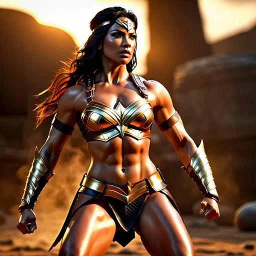 Prompt: hyper-realistic, Photorealistic, 4k, fierce female Amazon warriors, arena battle, stripped to the waist, short leather loincloths, heavily muscled, full body shot, golden hour lighting, realistic, intense action, muscular physique, detailed features, dramatic shadows, epic battle, high quality, intense, natural lighting