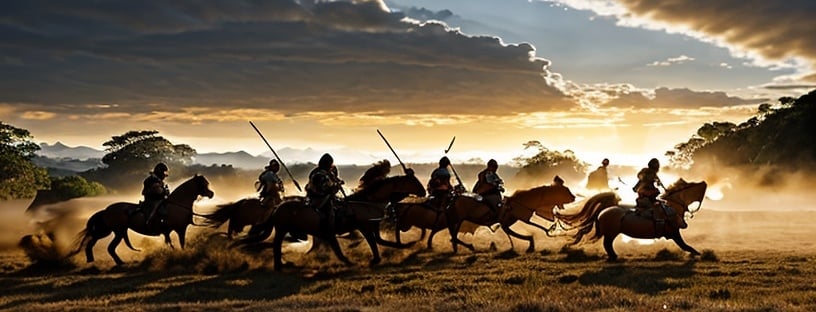 Prompt: Group of female Amazon warriors charging, bare-breasted, their queen in front, charging on horseback, intense battle scene, ancient warfare, detailed armor and weapons, dynamic action, high quality, realistic, historical art, Golden Hour at dawn, warm, earthy tones, dramatic lighting