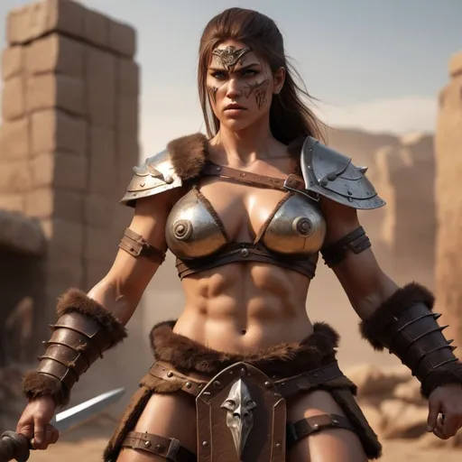 Prompt: hyper-realistic, Photorealistic, 4k, 3D, fierce female barbarian warriors, 34C-25-33, arena battle, intense battle scene, Close fitting leather armor, short leather loincloths, heavily muscled, full body shot, realistic, intense action, muscular physique, detailed features, detailed armor and weapons, high quality, realistic, historical art, warm, earthy tones, dramatic lighting, dramatic shadows, epic battle, high quality, intense, earthy tones, Golden Hour Dawn lighting, natural lighting, realism
