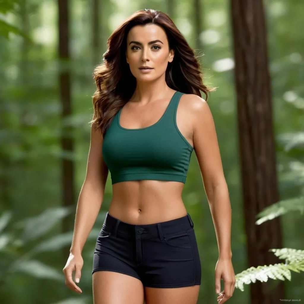 Prompt: Hyperrealistic, photorealistic, very detailed. Full body shot, head to toe, ((right side view,)) close enough to clearly see details. A woman walking in the woods. She is athletically built, with dark auburn hair with volume. Skin is well tanned. Symmetrically combine the distinctive facial features of Cote de Pablo and Jerry Ryan, Body is shapely and well proportioned. She is wearing a body-hugging green cropped tank top and shorts, and barefoot. It is midafternoon summer day, Natural lighting.