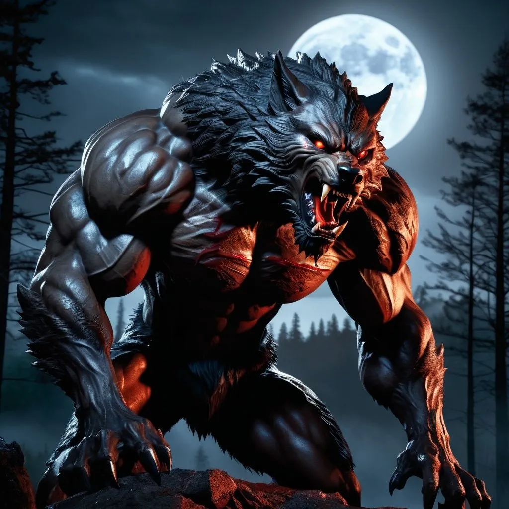 Prompt: Hyperrealism, darkened forest, snarling giant, heavily muscled, werewolf, on a hill, moon in background, dripping blood, menacing, front claws raised, photorealistic, detailed fur, intense gaze, Eyes glowing, horror, supernatural, highres, ultra-detailed, professional, atmospheric lighting, detailed glowing red eyes, sinister, medium tones, menacing atmosphere