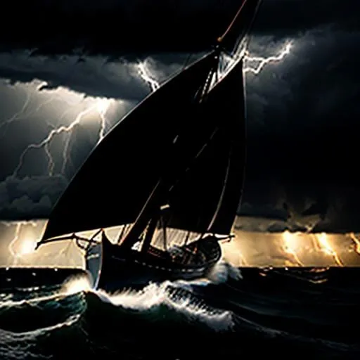 Prompt: Photorealist, hyper realistic, stormy night at sea, schooner battling through the waves, lightning flashes, dramatic sky with dark clouds, ominous clouds, high seas, realistic oil painting, intense waves, powerful wind, detailed vessel, dramatic lighting, high quality, realistic, stormy, dramatic, composition, dark tones, atmospheric lighting