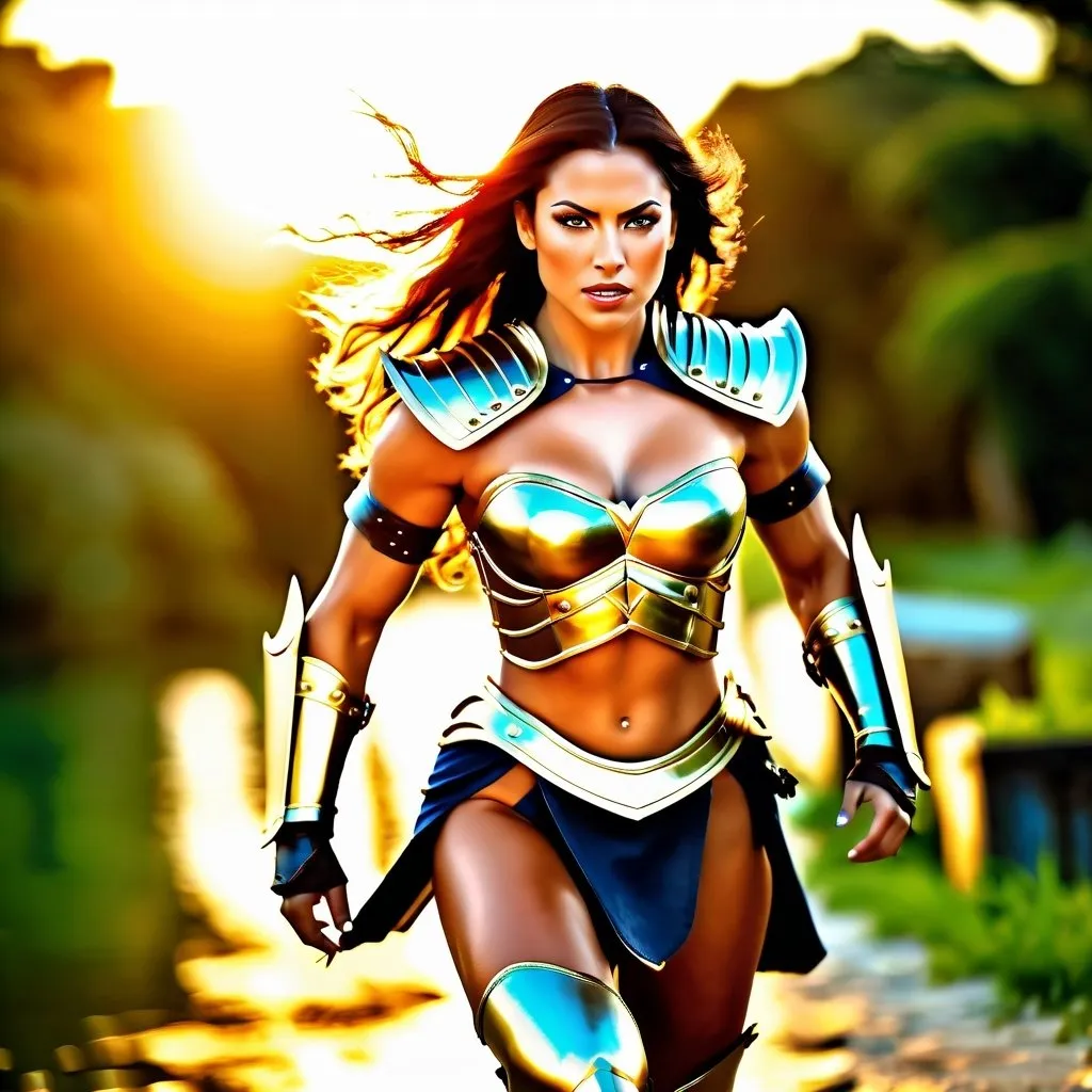 Prompt: Hyper realistic, photo realistic, fierce female Amazon warriors charging, breastplate armor, short leather loincloths, heavily muscled, full body shot, golden hour natural lighting, high quality, detailed muscles, intense action, realism, historical, warm tones, natural lighting, detailed armor