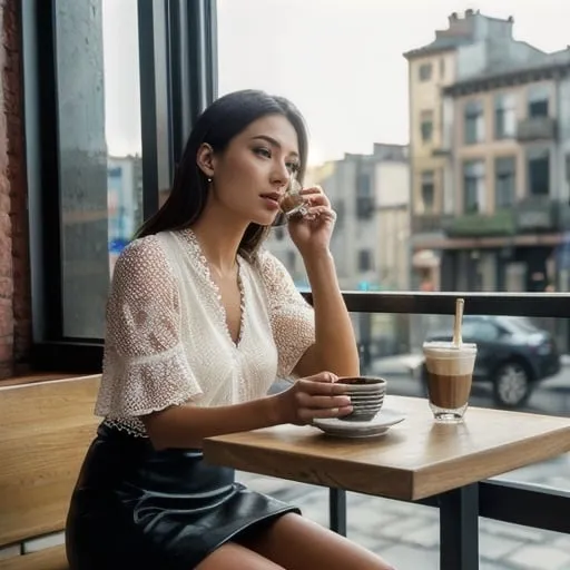 Prompt: Hyper realistic, photorealistic, highly detailed, woman, lowcut blouse, short skirt, sitting by a window at a raised table in a coffee shop, drinking Capuchino, pastry on plate on table, busy city outside, detailed facial features, realistic lighting, professional art, urban setting, cityscape, best quality, 4k, detailed clothing, realistic textures, modern city, professional artist, atmospheric lighting