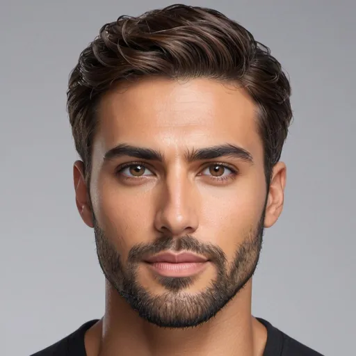 Prompt: side view Composite face of a 30-year-old man, hyper-realistic, photorealistic, Well-Defined Brow Ridge, deep-set hazel eyes, strong chiseled jawline and chin, short wavy hair, tapering at the back, with moderately full beard, high cheekbones, symmetrical, subtle contour nose, defined nostrils, defined lips, tanned complexion, high quality, photorealism, detailed features, realistic, symmetrical, hazel eyes, chiseled jawline, wavy hair, full beard, high cheekbones, detailed nose, photorealistic lighting