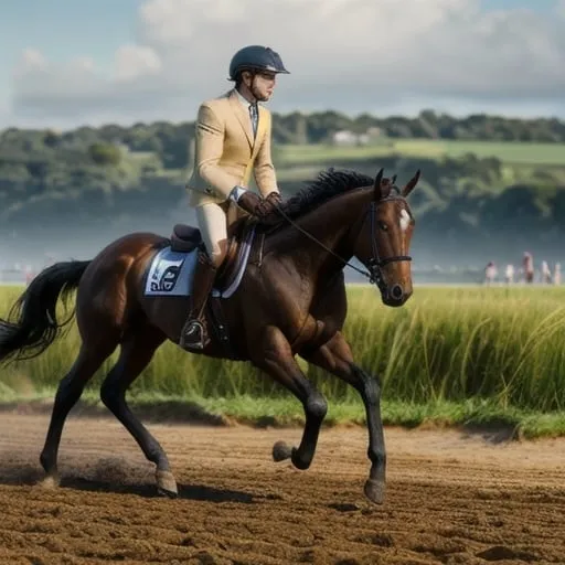 Prompt: Hyper realistic full-body rendering of Lucien Gearalt Tomás riding a dark chestnut thoroughbred, across a verdant field. photorealistic, sharp, highly detailed, Golden Hour beach setting, detailed facial features, realistic skin texture and tones, high quality, 4k resolution, photorealism, beach landscape, detailed rendering, crisp, full-body shot, realistic lighting