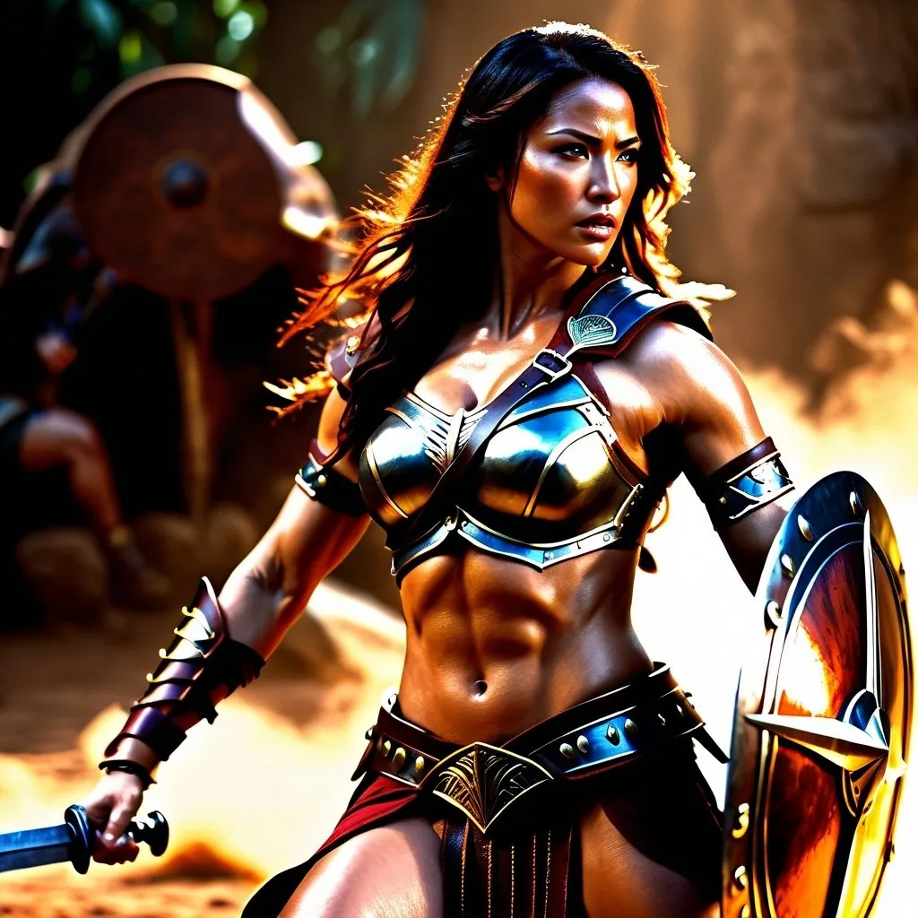 Prompt: hyper-realistic, Photorealistic, 4k, 3D, fierce female Amazon warriors, arena battle, intense battle scene, Breastplate armor, short leather loincloths, heavily muscled, full body shot, realistic, intense action, muscular physique, detailed features, detailed armor and weapons, high quality, realistic, historical art, warm, earthy tones, dramatic lighting, dramatic shadows, epic battle, high quality, intense, earthy tones, mid-afternoon lighting, natural lighting, realism

