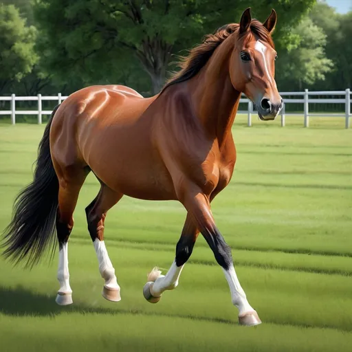 Prompt: Hyperrealistic, photorealistic, full body shot, full right-side view, Hyper realistic, photorealistic, extremely detailed. Full body shot,
 Horse is a large reddish-brown Chestnut thoroughbred with black mane and tail, white stripe on the nose.  cantering in a paddock, lush green grass, detailed fur with realistic texture, intense and focused gaze, best quality, 4k, ultra-detailed, realistic, natural lighting, detailed eyes, professional, atmospheric setting