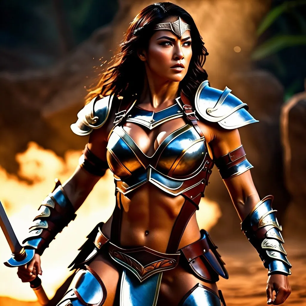 Prompt: hyper-realistic, Photorealistic, 4k, 3D, fierce female Amazon warriors, arena battle, intense battle scene, Breastplate armor, short leather loincloths, heavily muscled, full body shot, realistic, intense action, muscular physique, detailed features, detailed armor and weapons, high quality, realistic, historical art, warm, earthy tones, dramatic lighting, dramatic shadows, epic battle, high quality, intense, earthy tones,  golden hour lighting, natural lighting, realism

